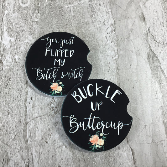 Funny Car Coasters Set of 2 - Buckle Up Buttercup & Bitch Switch