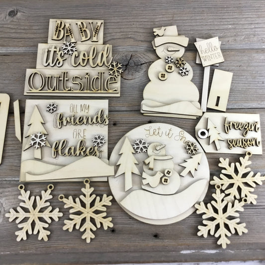 Hello Winter Snowman Let it Snow Tray Wood Blanks DIY Decor Set