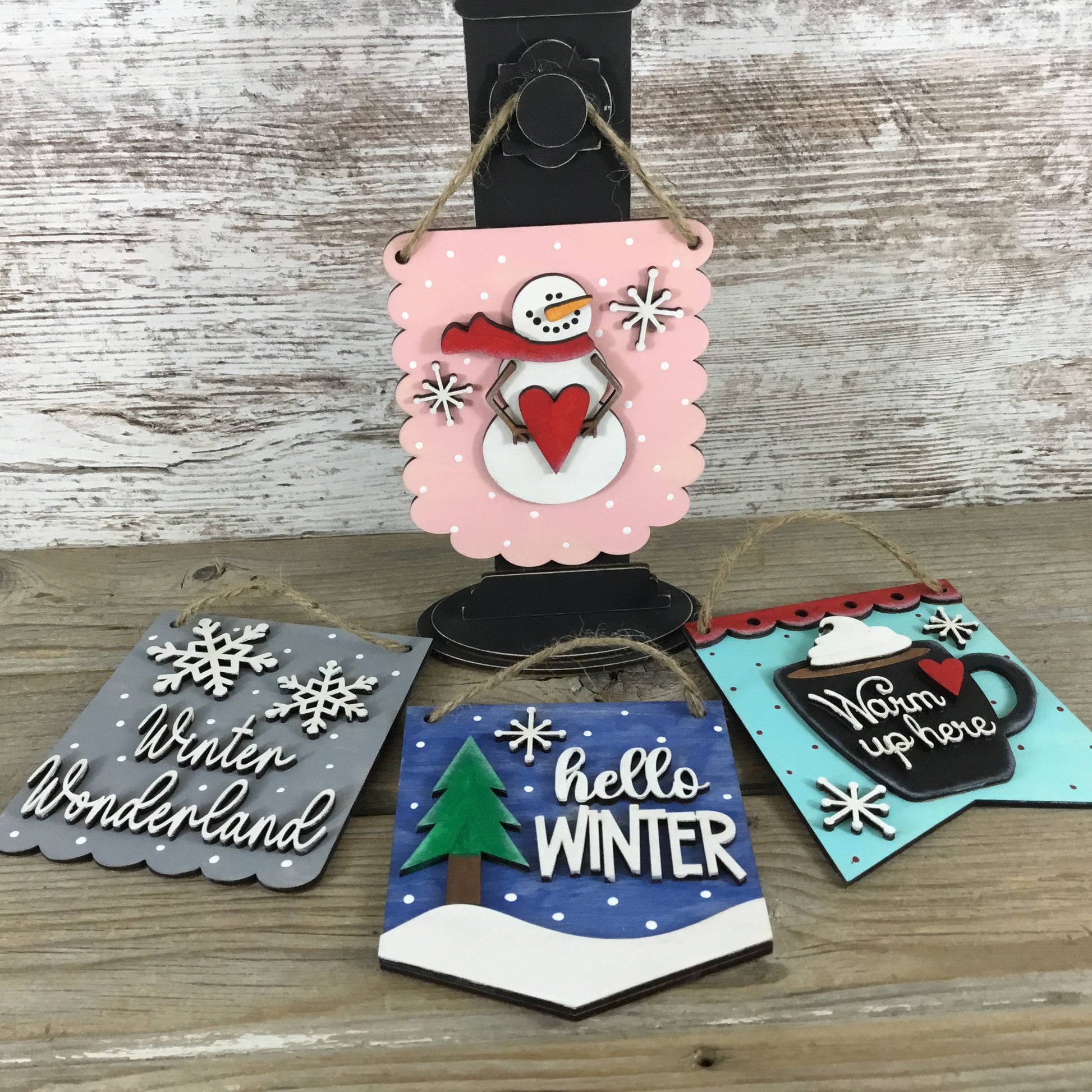 4 Winter Mini Hanging Signs Wood Blanks DIY Decor Set Painted Example