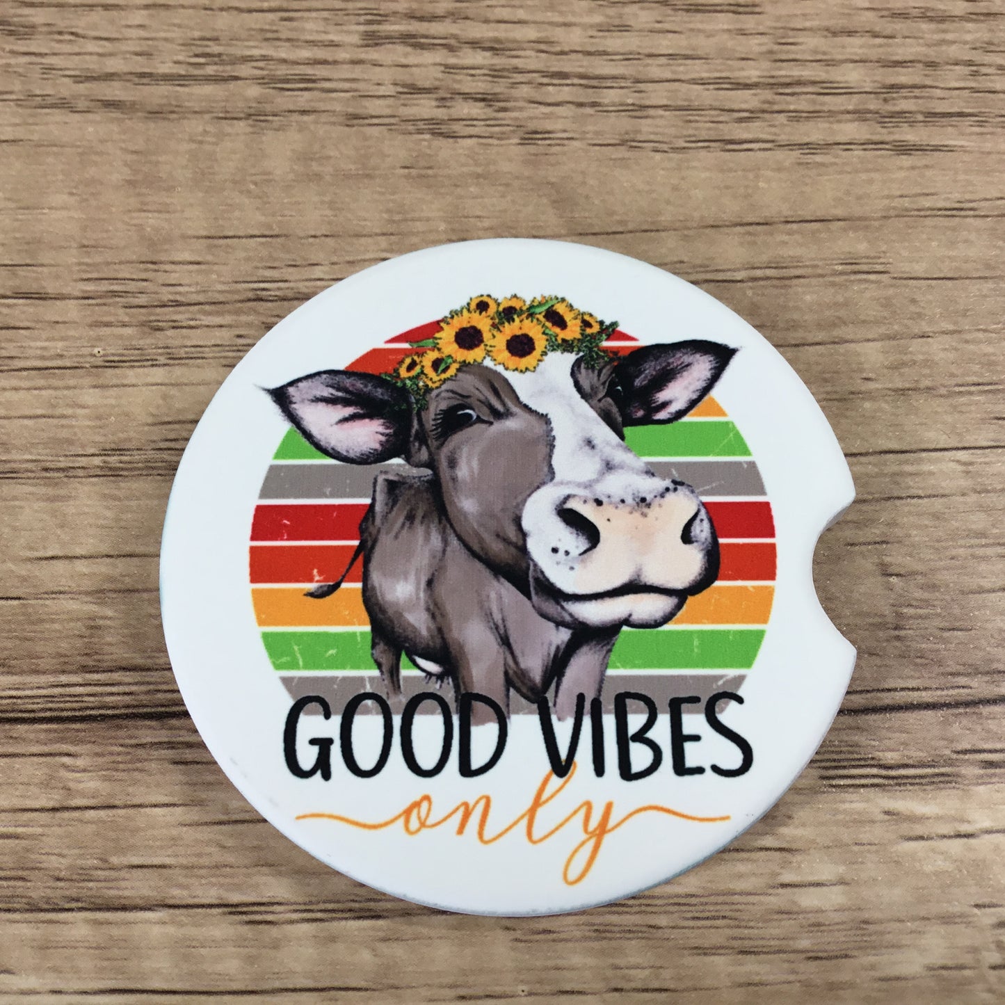 Good Vibes Only Cow Car Coasters, Set of 2 Sunflower Cow