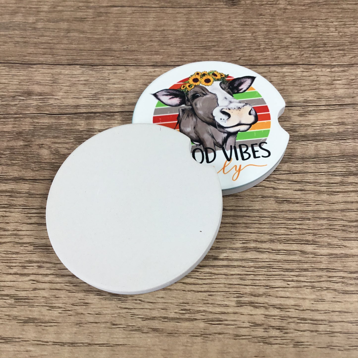 Good Vibes Only Cow Car Coasters, Set of 2 Sunflower Cow