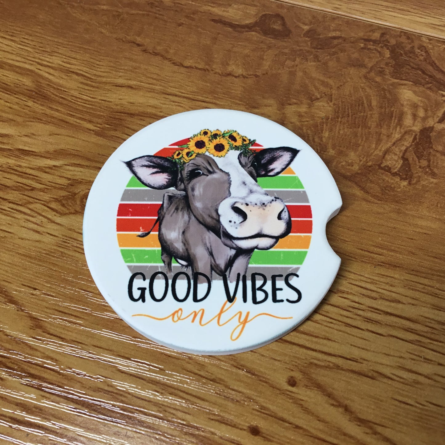 Good Vibes Only Cow Car Coasters, Set of 2 Sunflower Cow