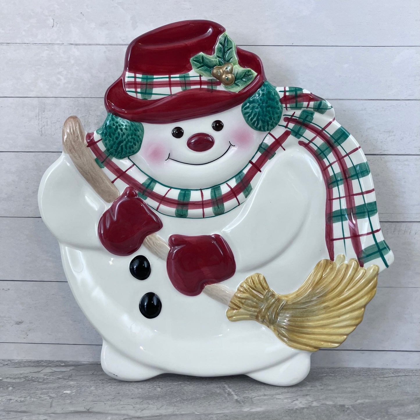 Fitz & Floyd Plaid Christmas Snowman Canape Plate