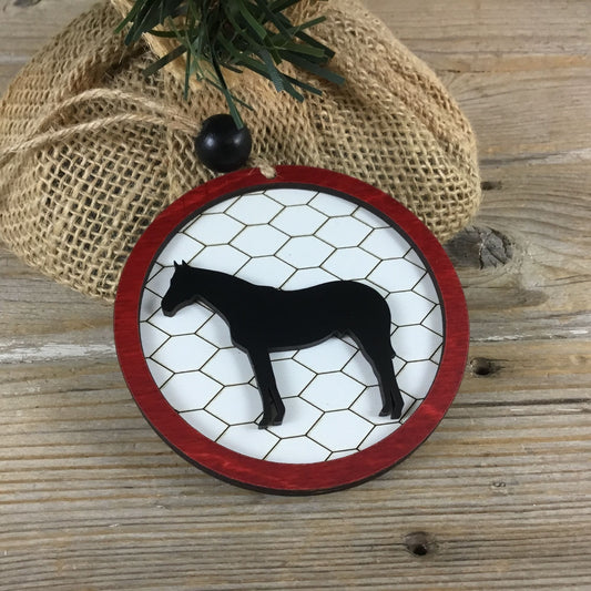 Horse Rustic Farm Christmas Ornament with Laser-Cut Chicken Wire Pattern