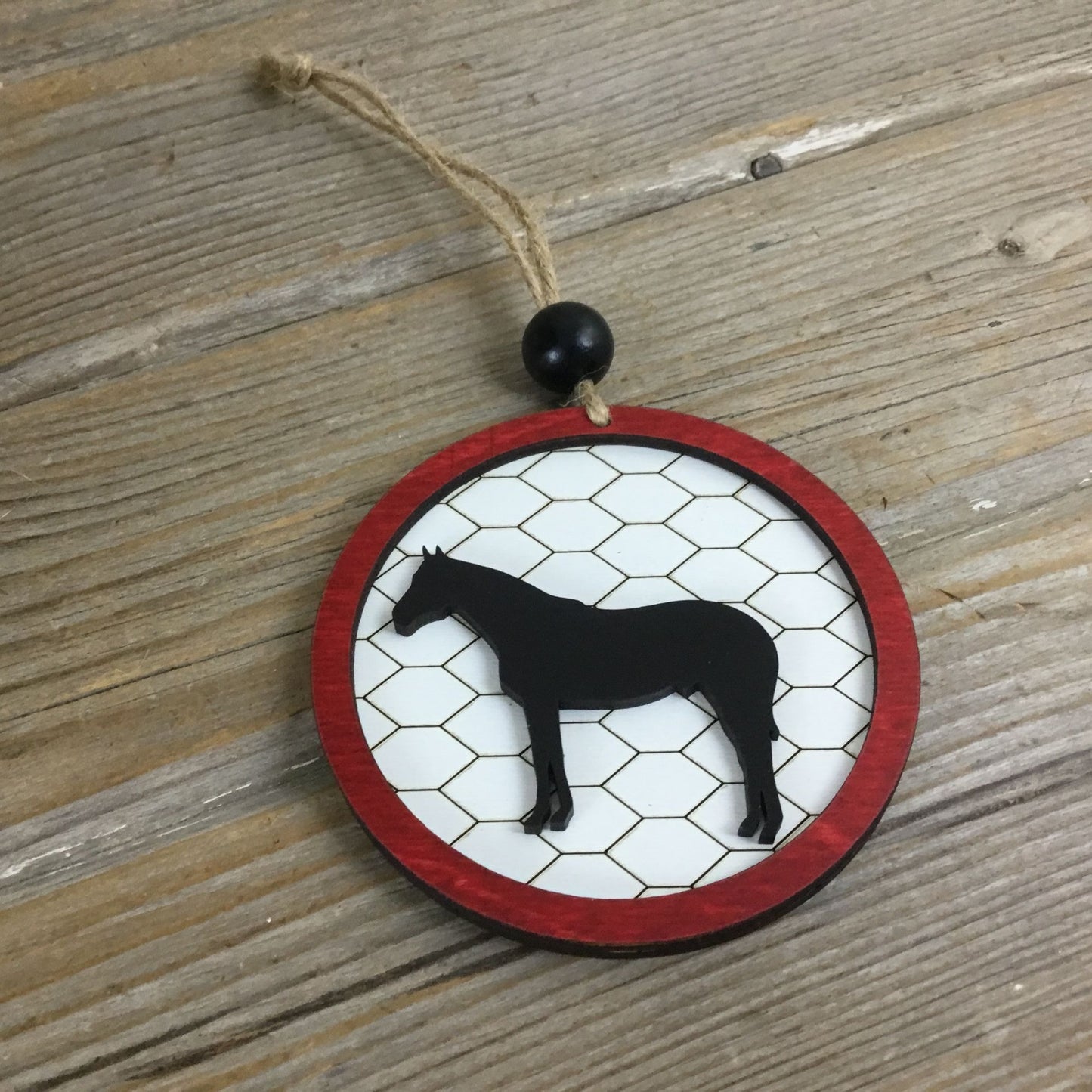 Horse Rustic Farm Christmas Ornament with Laser-Cut Chicken Wire Pattern