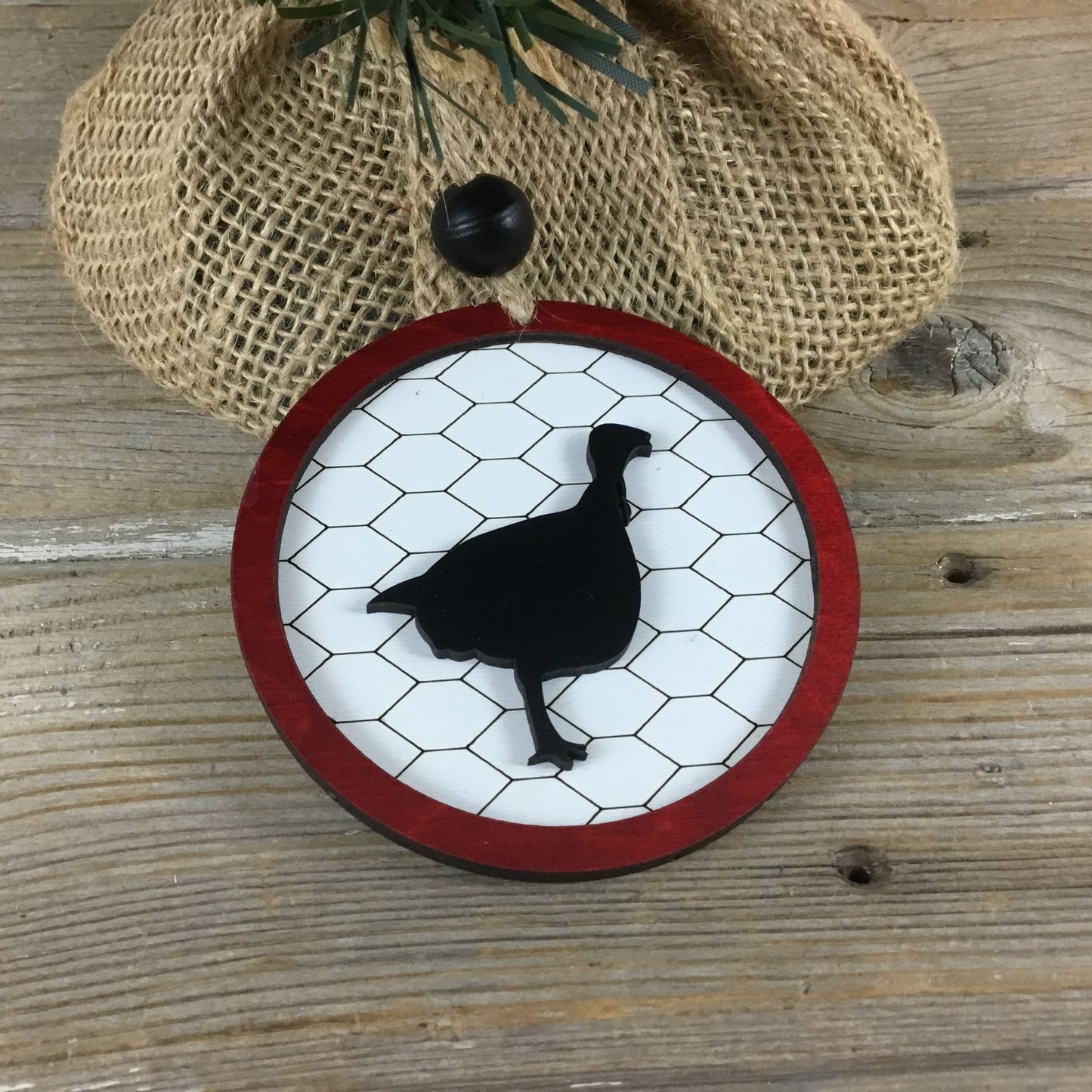 Turkey Rustic Farm Christmas Ornament with Laser-Cut Chicken Wire Pattern