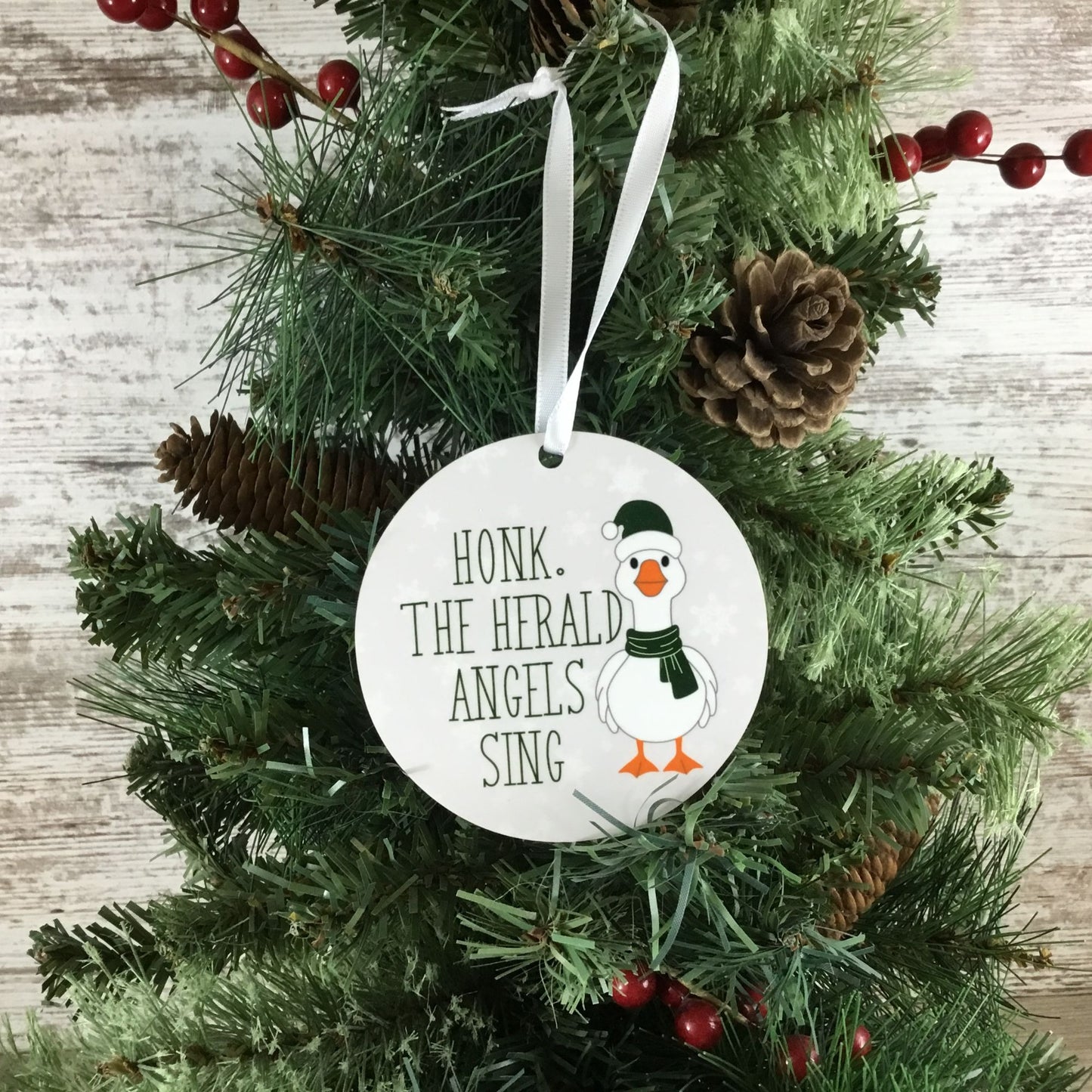 Honk the Herald Angels Sing Goose Christmas Ornament on Christmas Tree