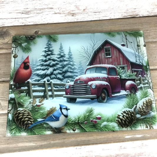 Rustic Red Truck Winter Birds Glass Cutting Board