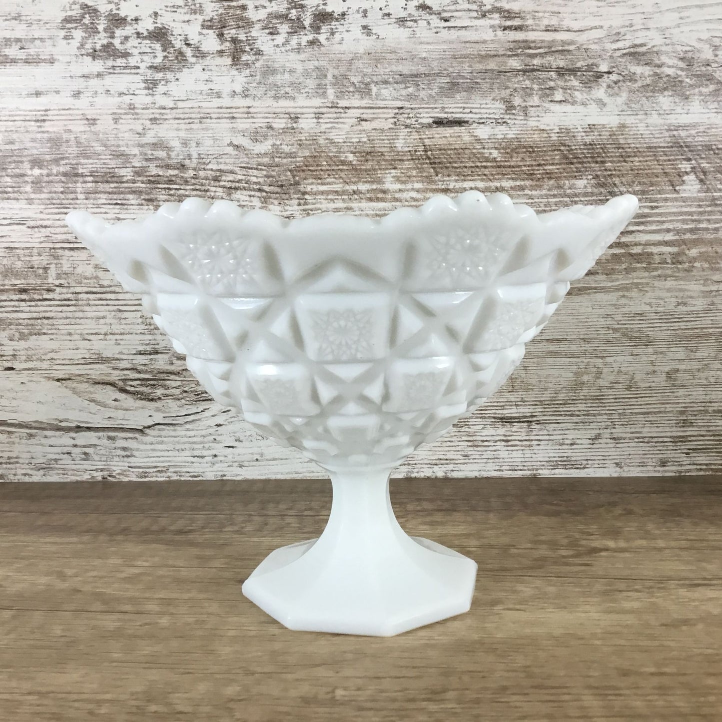 Westmoreland Old Quilt Pattern Milk Glass Pedestal Compote 5.75" Tall X 8" Top Diameter