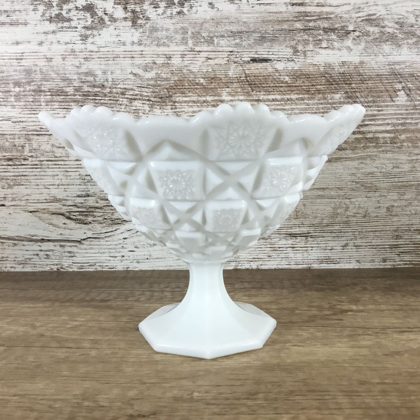 Westmoreland Old Quilt Pattern Milk Glass Pedestal Compote 5.75" Tall X 8" Top Diameter