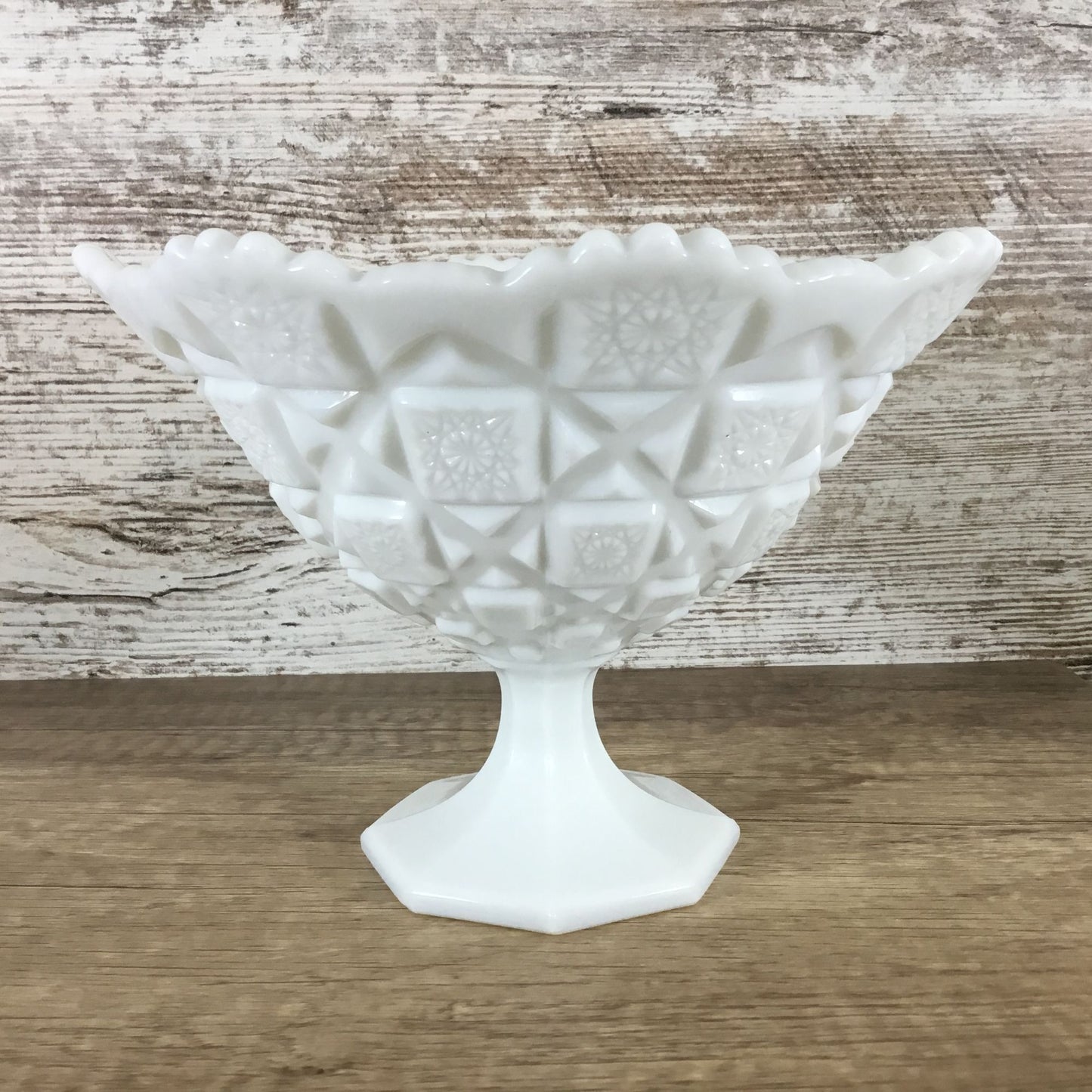 Westmoreland Old Quilt Pattern Milk Glass Pedestal Compote 5.75" Tall X 8" Top Diameter
