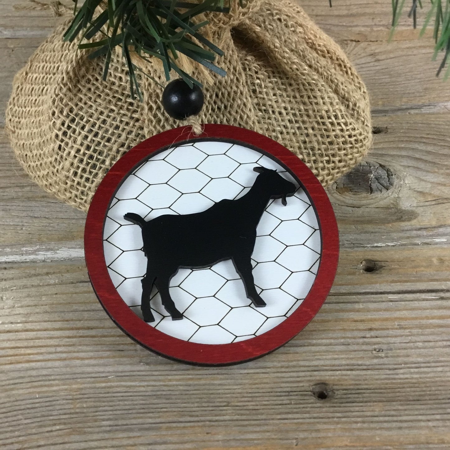 Goat Rustic Farm Christmas Ornament with Laser-Cut Chicken Wire Pattern