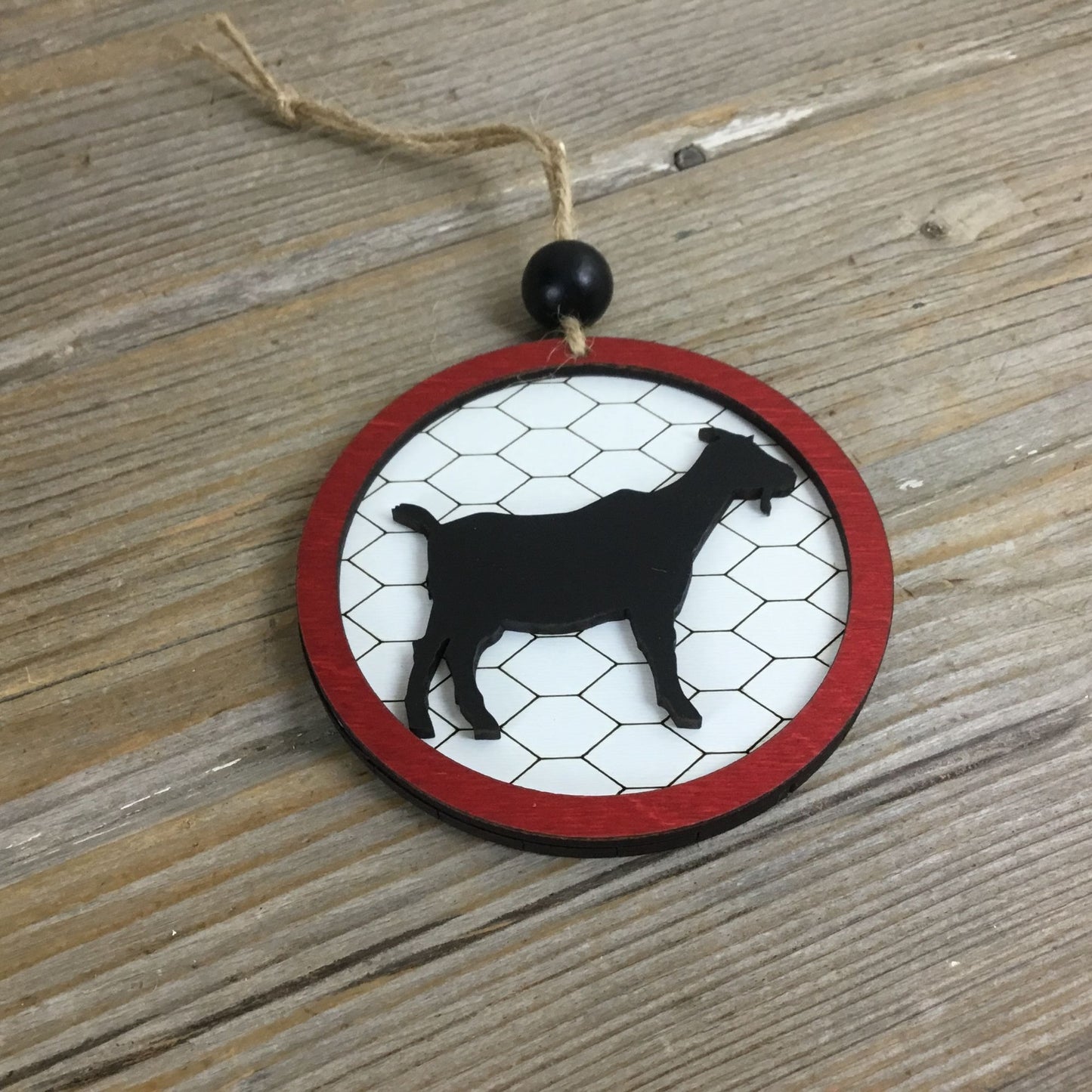 Goat Rustic Farm Christmas Ornament with Laser-Cut Chicken Wire Pattern