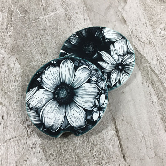 Black & White Boho Floral Sandstone Car Coasters