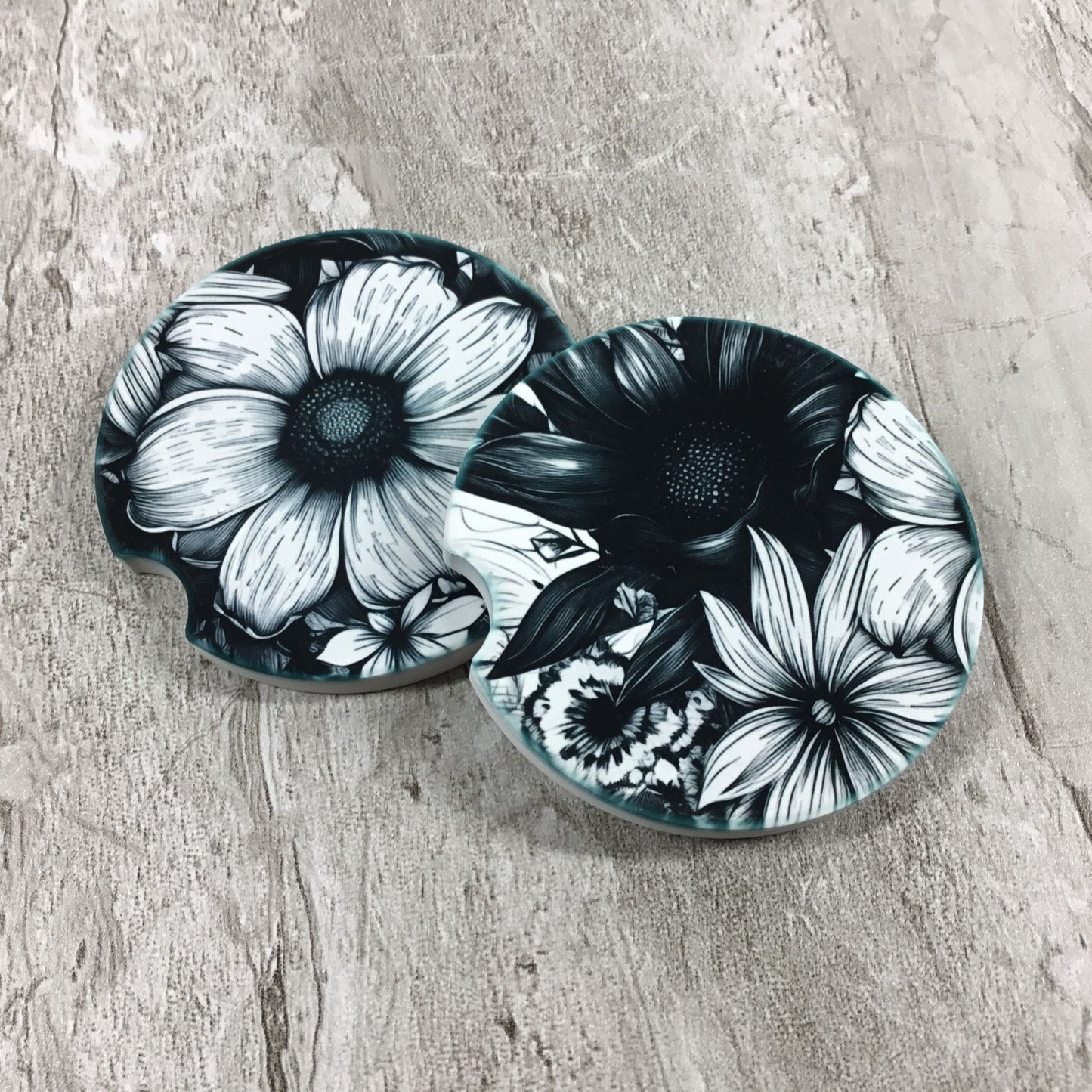 Black & White Boho Floral Sandstone Car Coasters