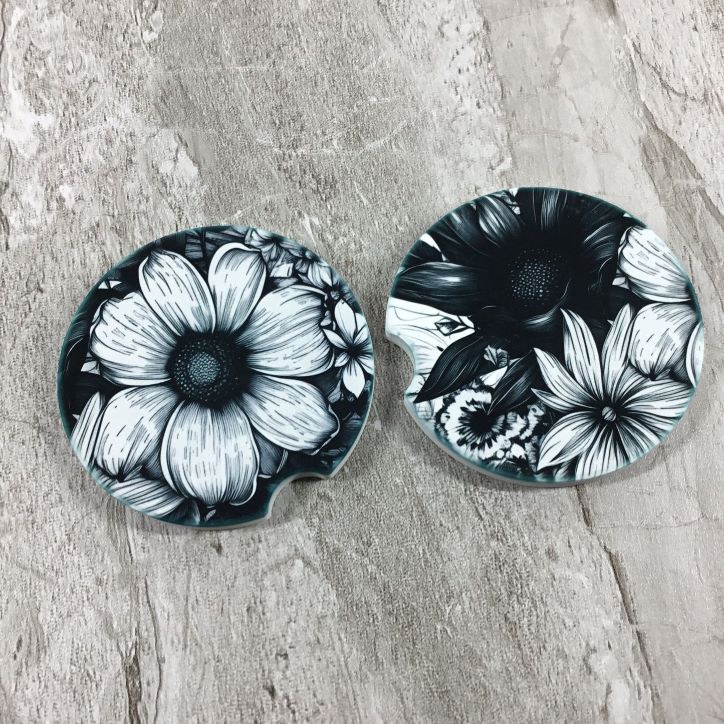 Black & White Boho Floral Sandstone Car Coasters