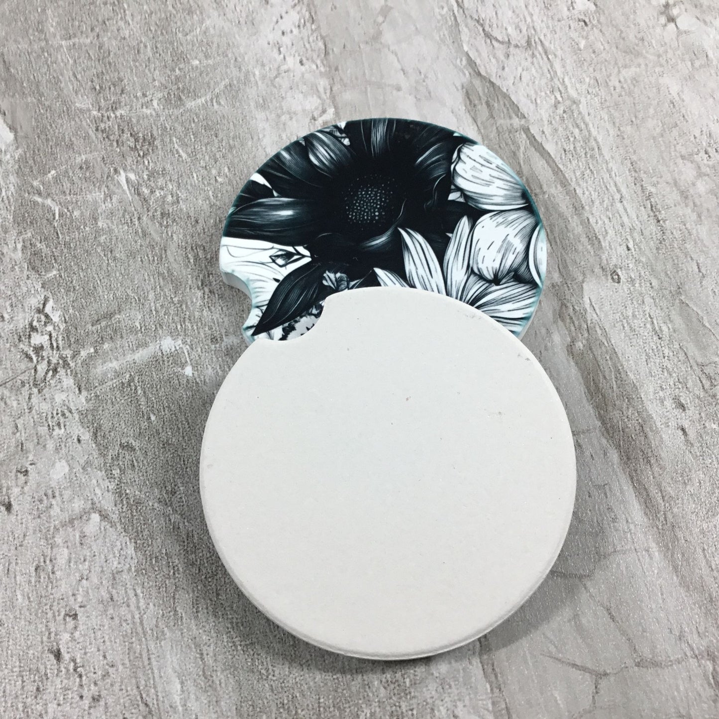Black & White Boho Floral Sandstone Car Coasters