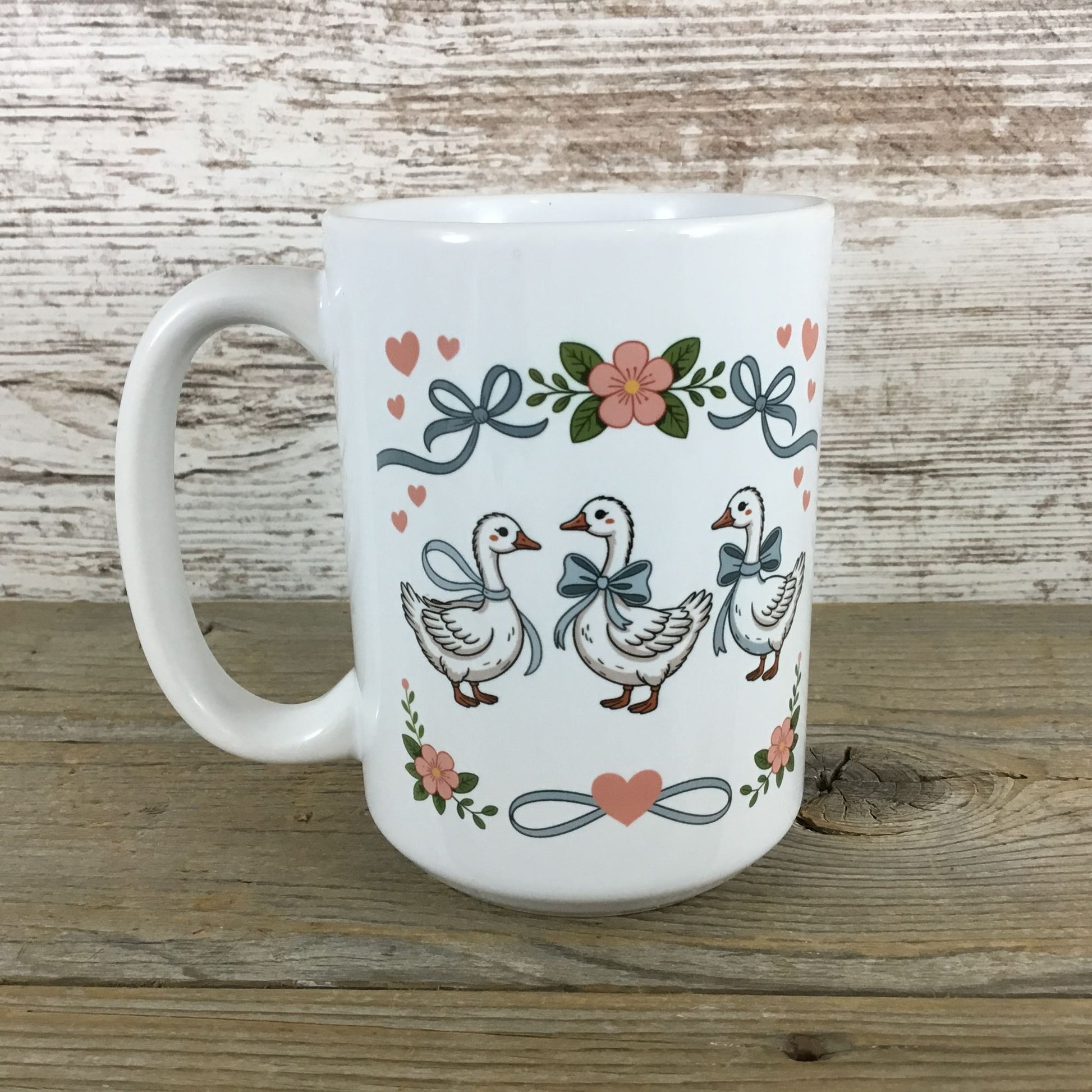 Goose with Bows and Hearts Floral Vintage Farmhouse Style 15 oz Ceramic Mug
