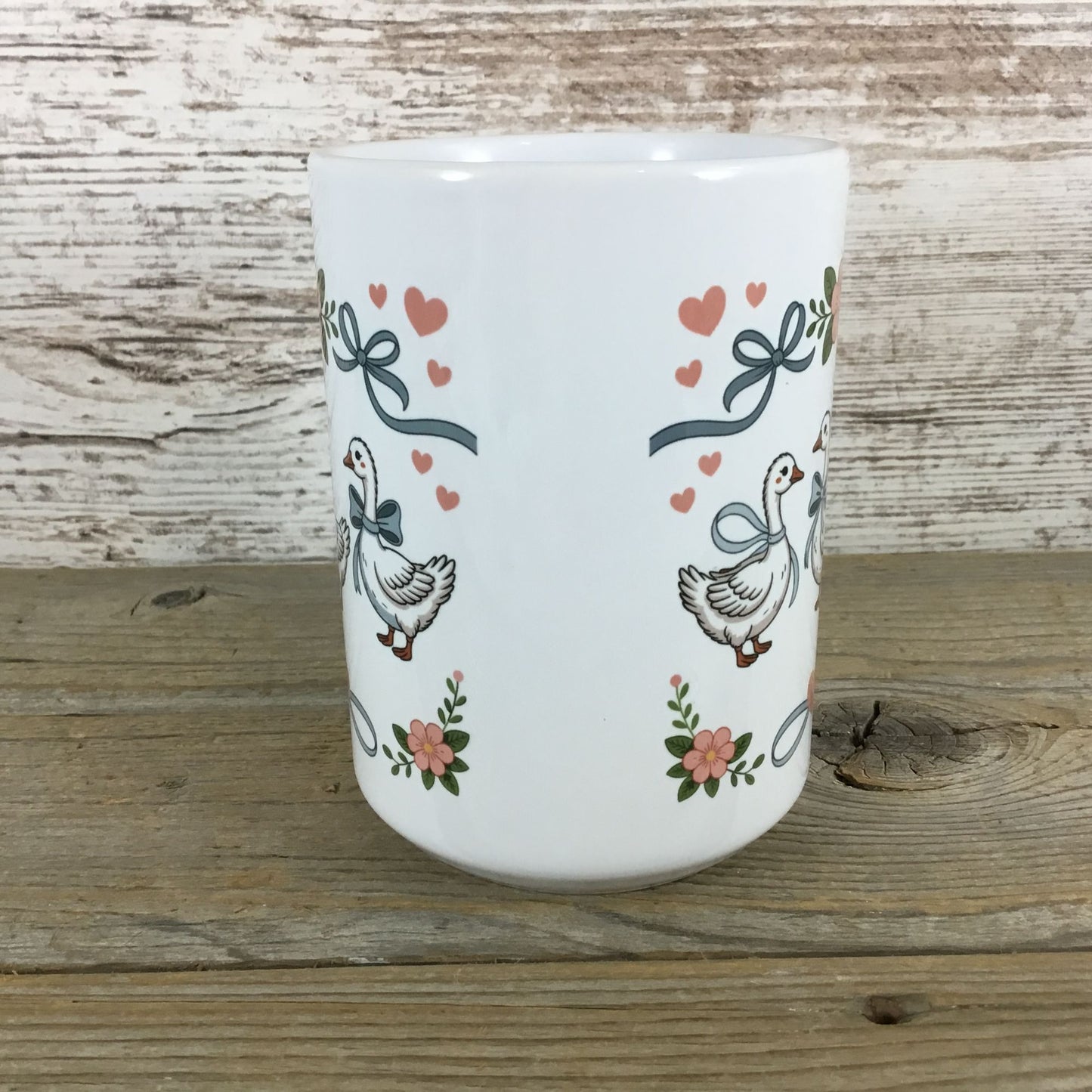 Goose with Bows and Hearts Floral Vintage Farmhouse Style 15 oz Ceramic Mug