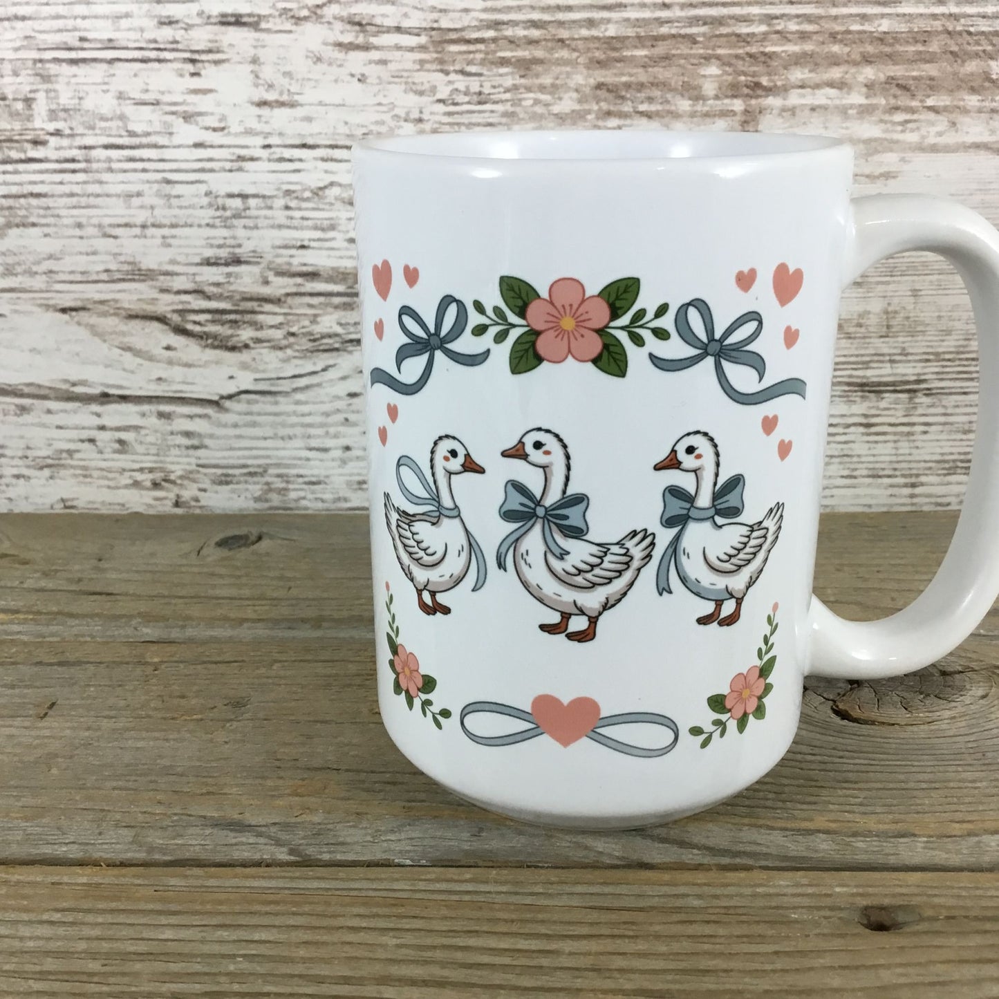Goose with Bows and Hearts Floral Vintage Farmhouse Style 15 oz Ceramic Mug