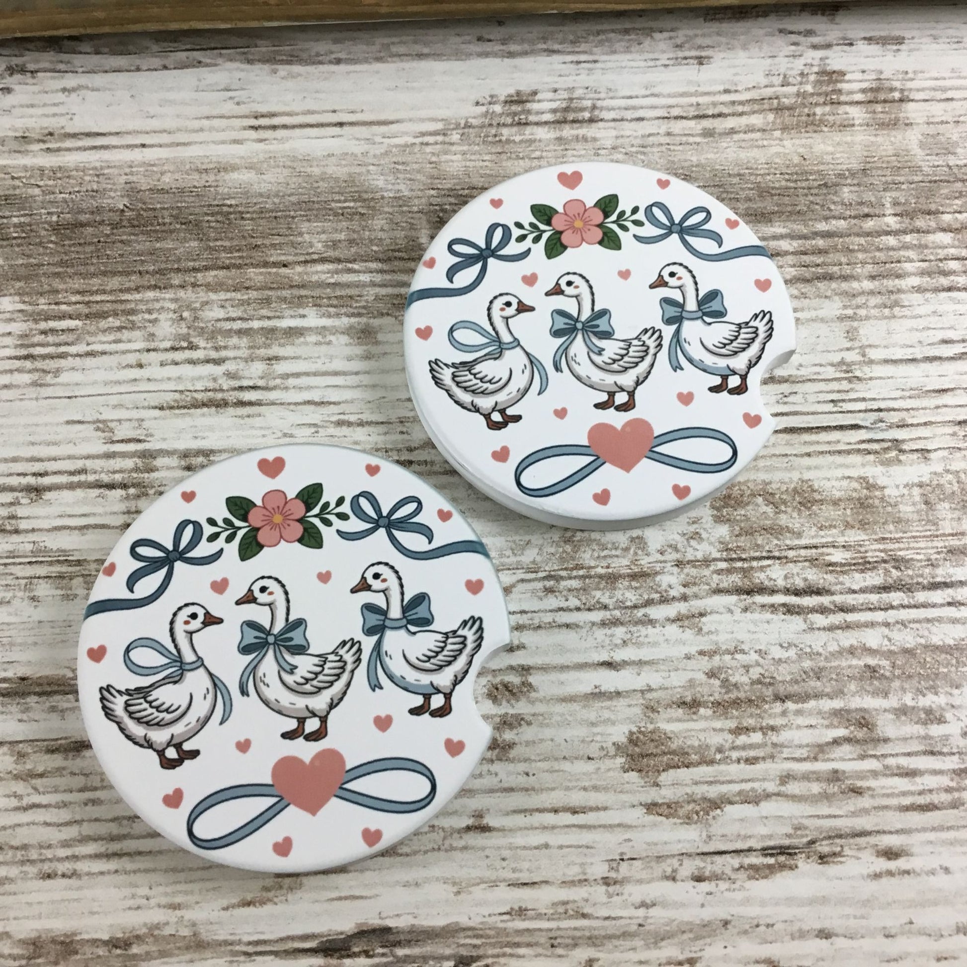 Goose with Bows and Hearts Floral Vintage Farmhouse Style Set of 2 Car Coasters