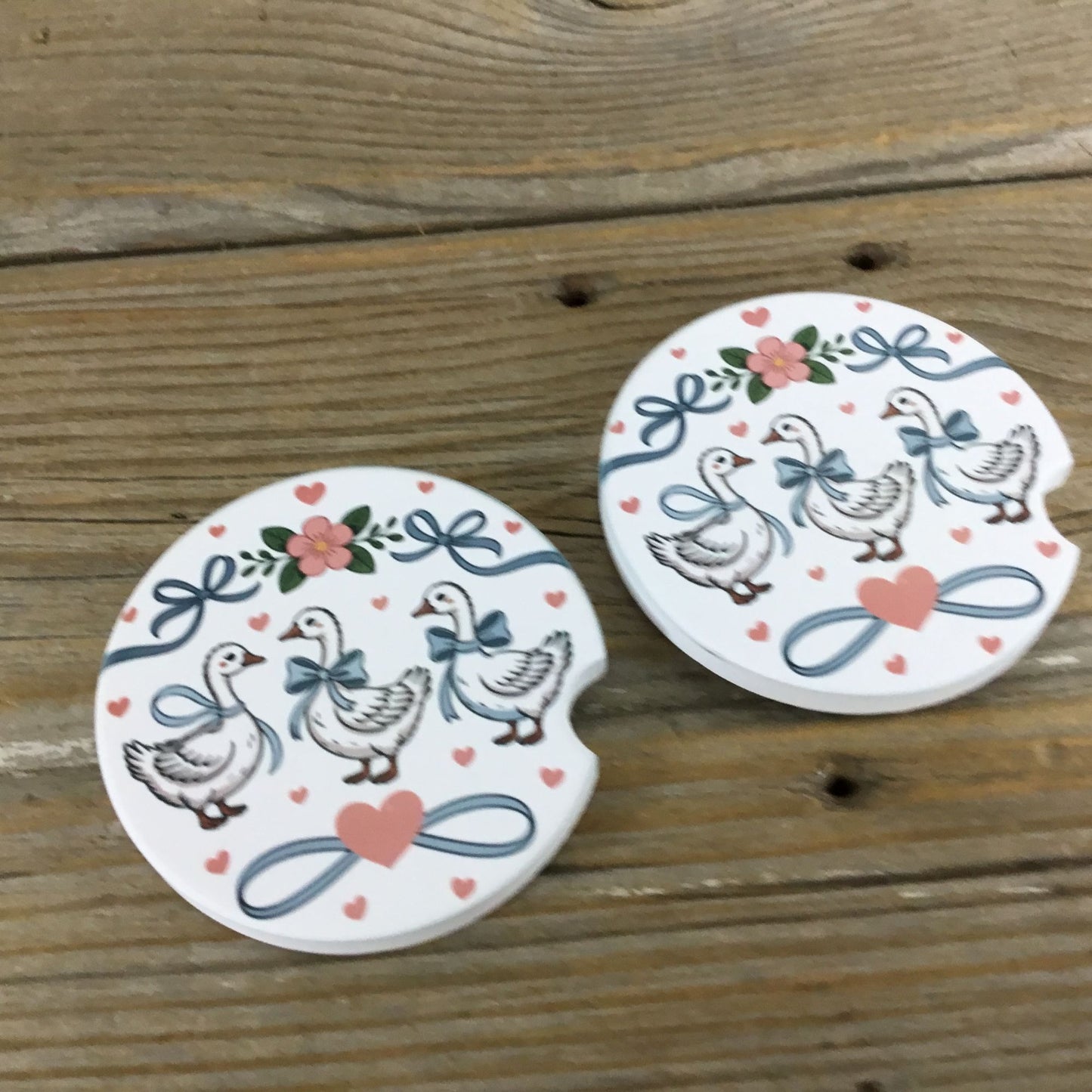 Goose with Bows and Hearts Floral Vintage Farmhouse Style Set of 2 Car Coasters
