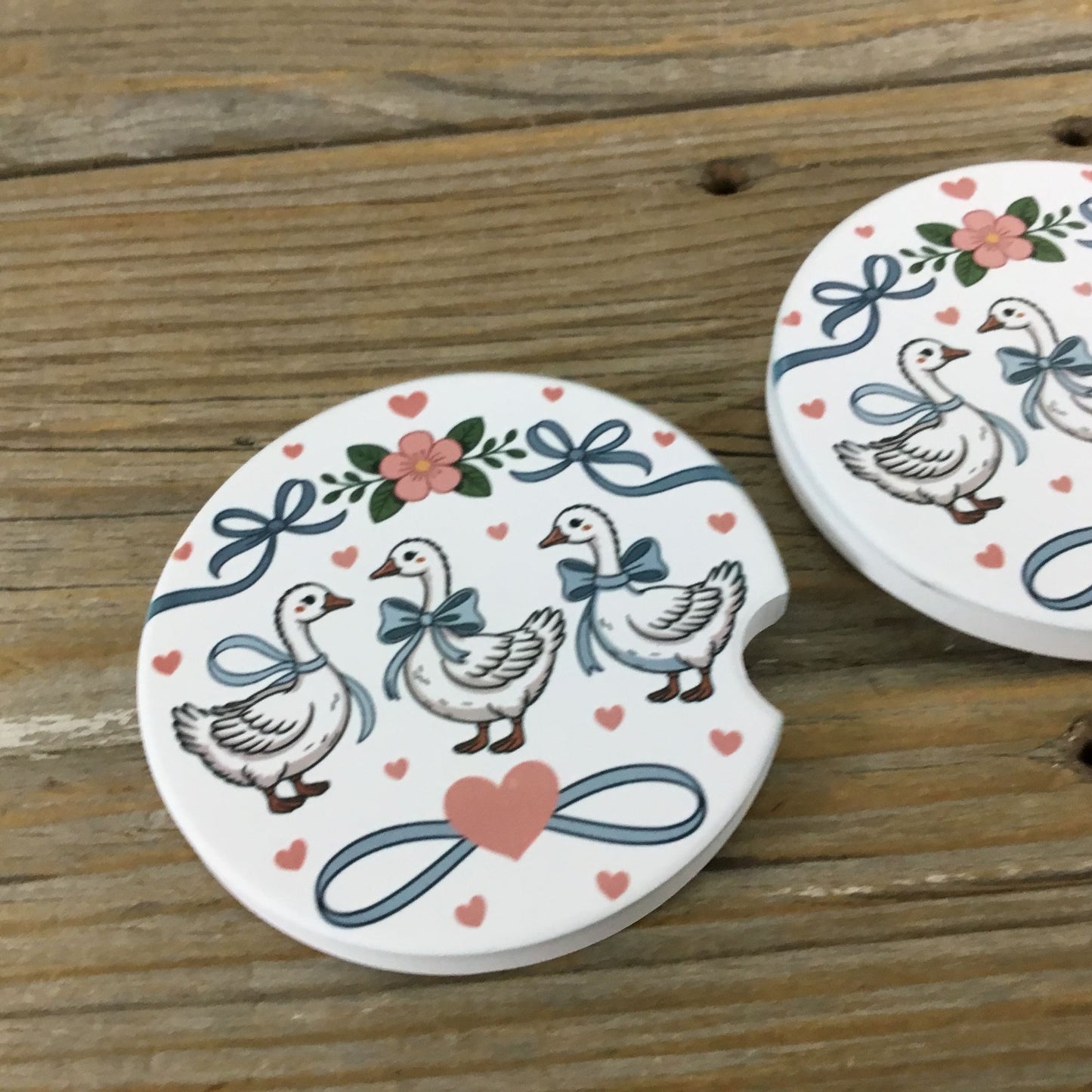 Goose with Bows and Hearts Floral Vintage Farmhouse Style Set of 2 Car Coasters
