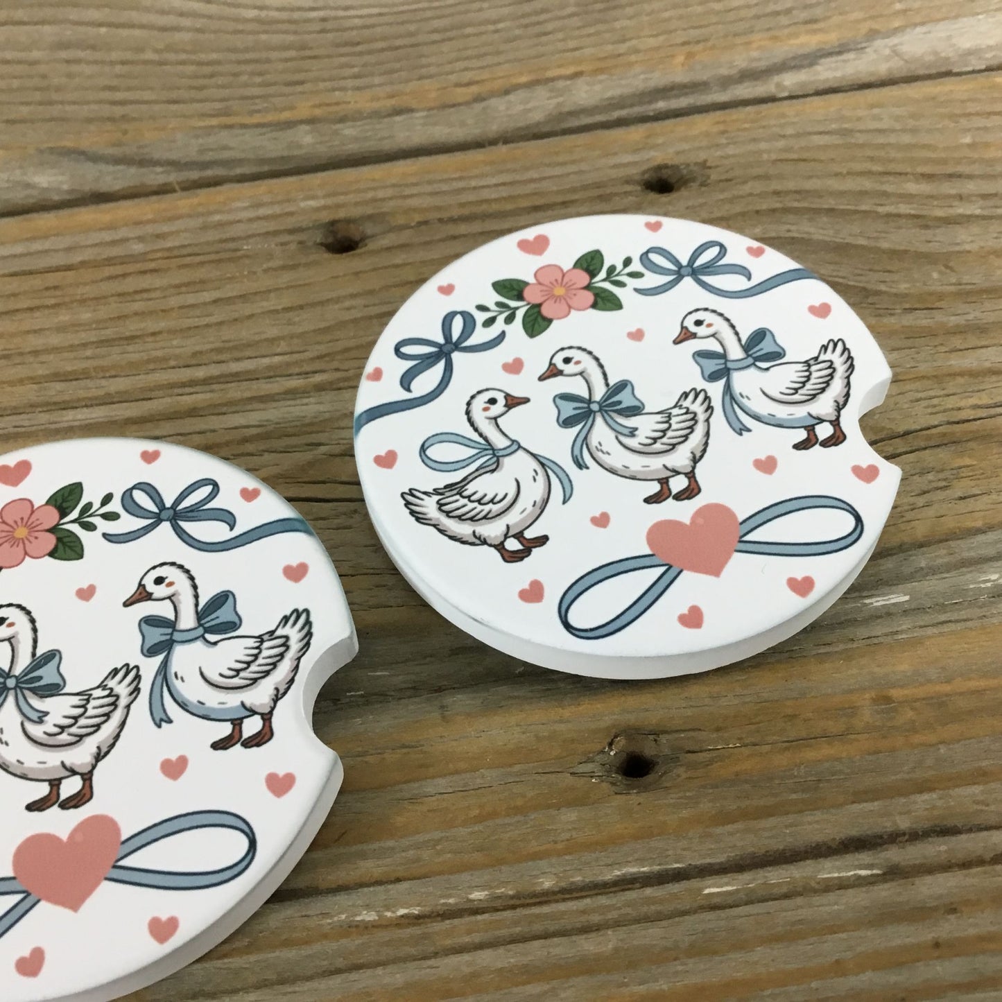 Goose with Bows and Hearts Floral Vintage Farmhouse Style Set of 2 Car Coasters