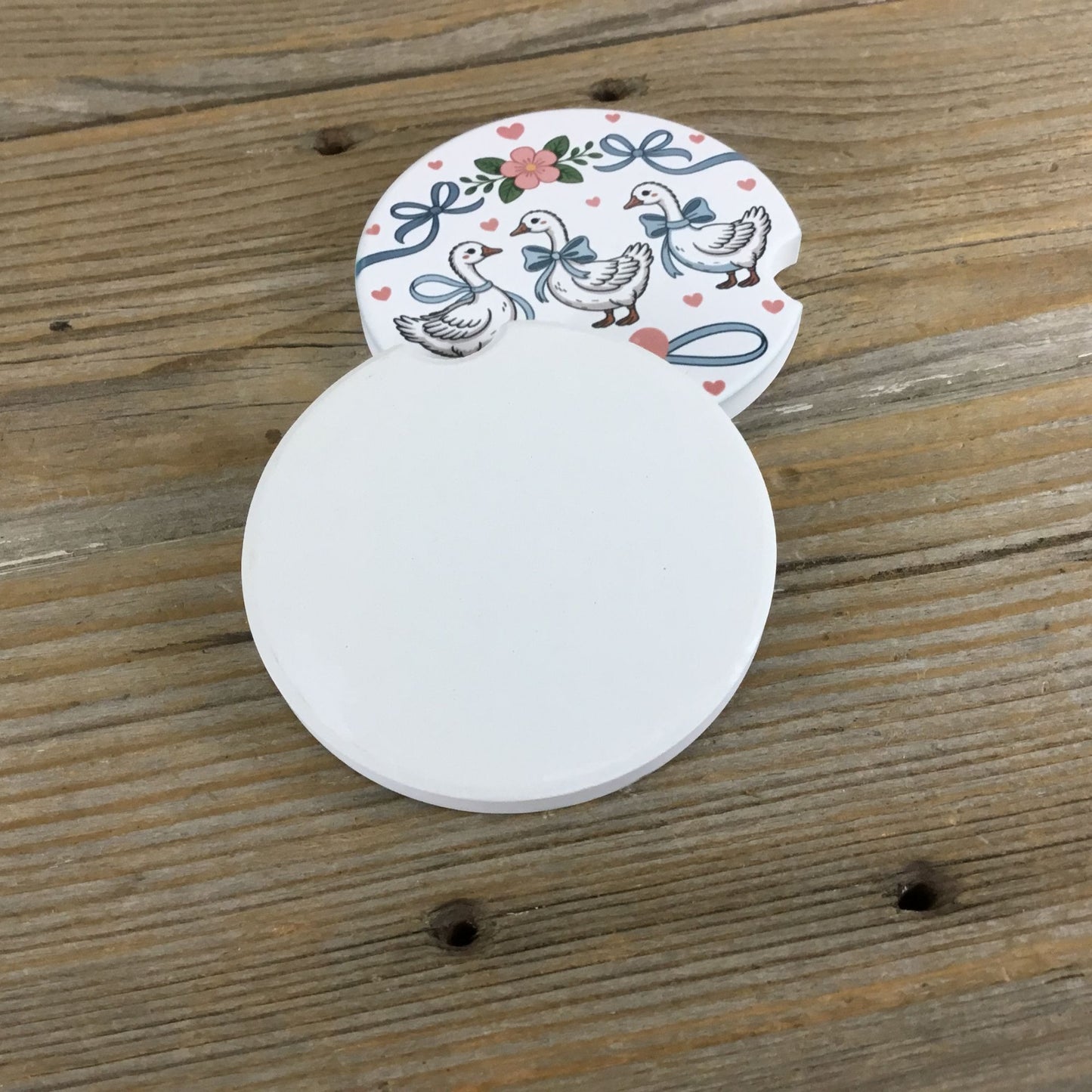 Goose with Bows and Hearts Floral Vintage Farmhouse Style Set of 2 Car Coasters