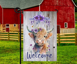 Welcome Highland Cow Purple Flowers Garden Flag