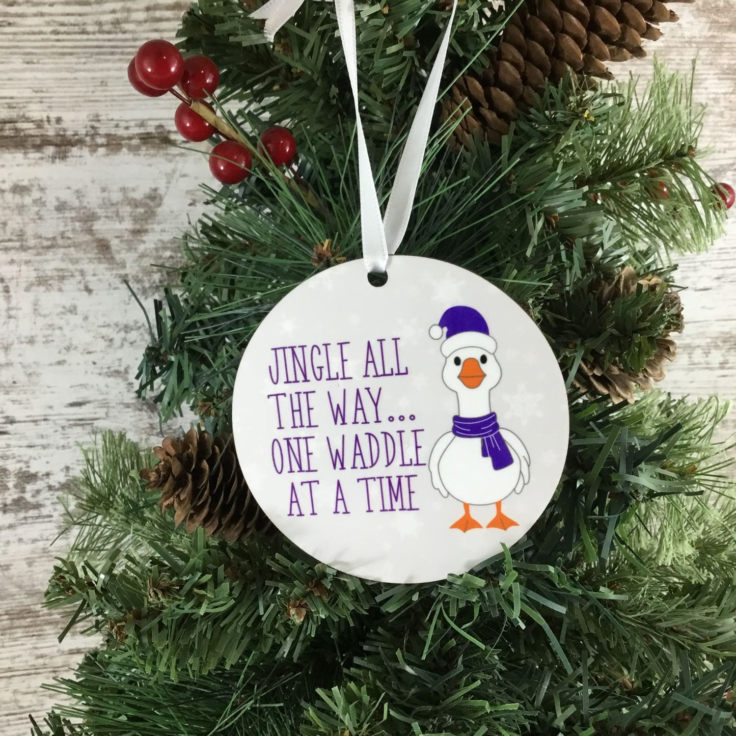 Jingle All the Way Goose Christmas Ornament – 3.5" Round Hardboard