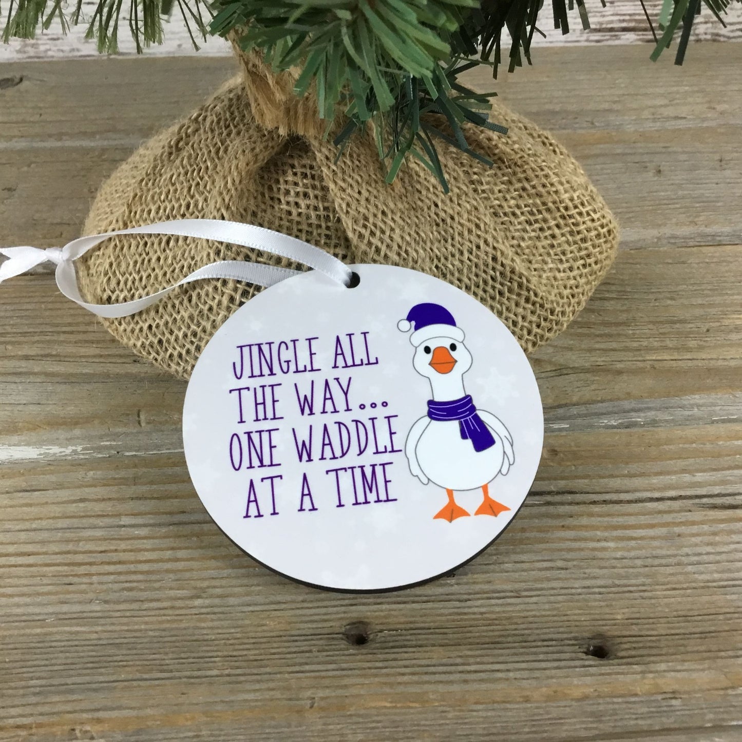 Jingle All the Way Goose Christmas Ornament – 3.5" Round Hardboard