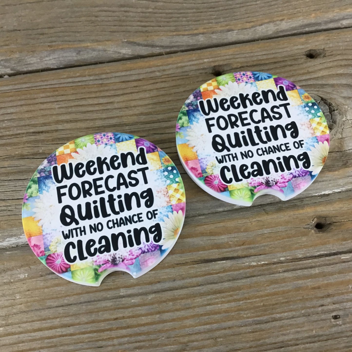 Weekend Forecast: Quilting with No Chance of Cleaning – Set of 2 Sandstone Car Coasters – Funny Quilter Gift, Quilt Lover Accessories
