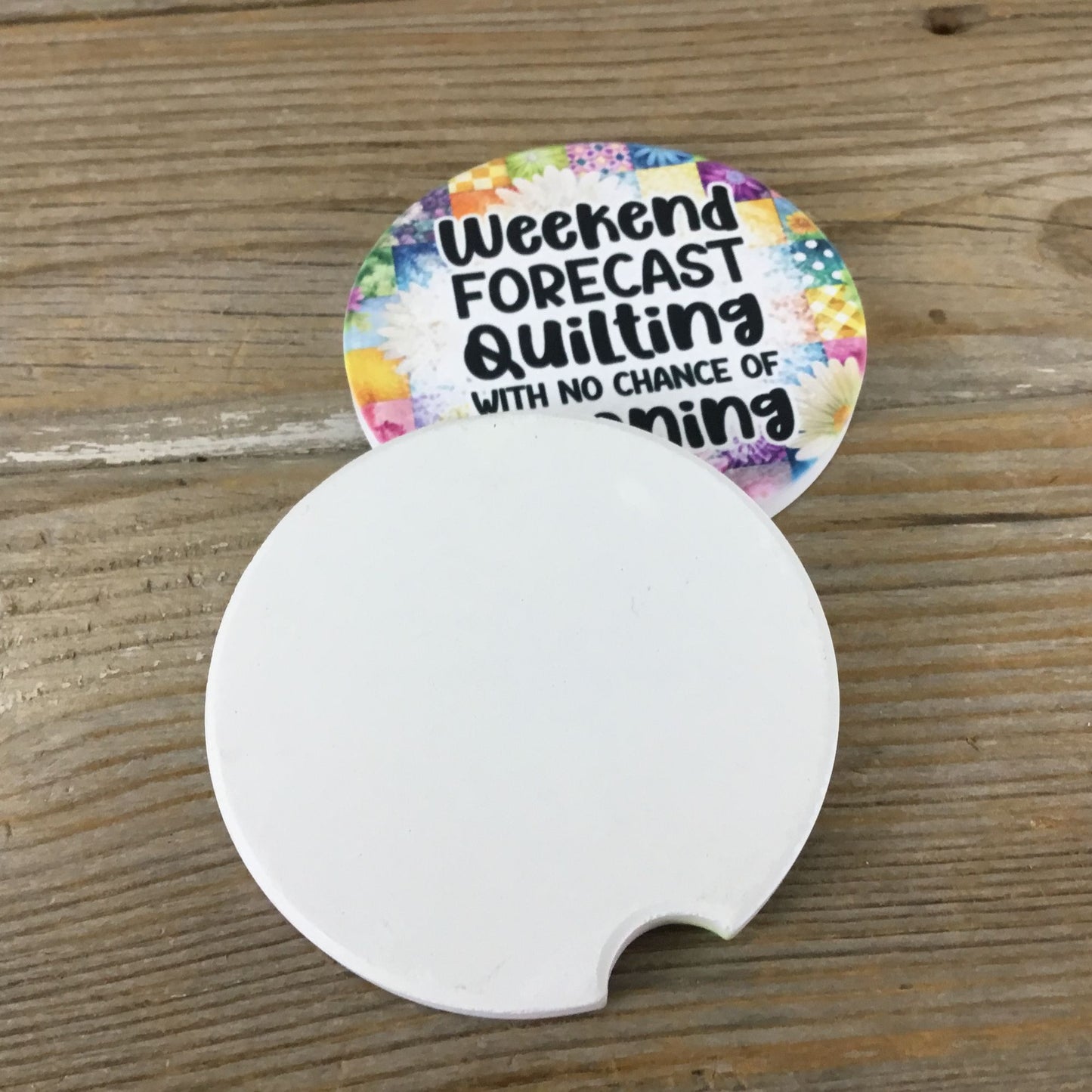 Weekend Forecast: Quilting with No Chance of Cleaning – Set of 2 Sandstone Car Coasters – Funny Quilter Gift, Quilt Lover Accessories