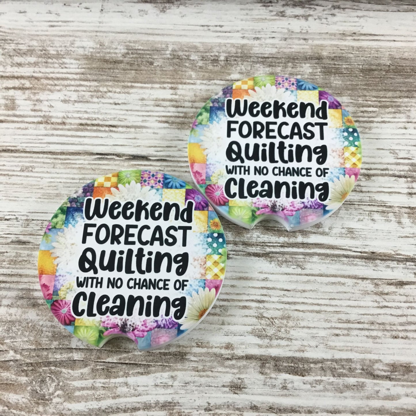Weekend Forecast: Quilting with No Chance of Cleaning – Set of 2 Sandstone Car Coasters – Funny Quilter Gift, Quilt Lover Accessories