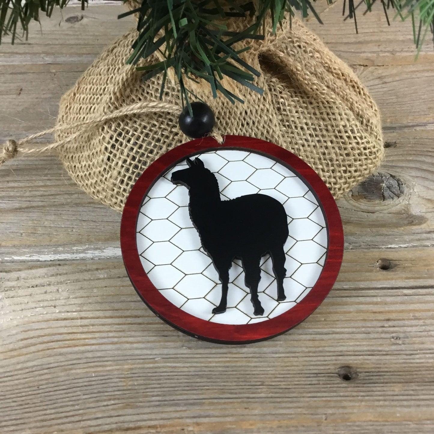 Llama Rustic Farm Christmas Ornament with Laser-Cut Chicken Wire Pattern