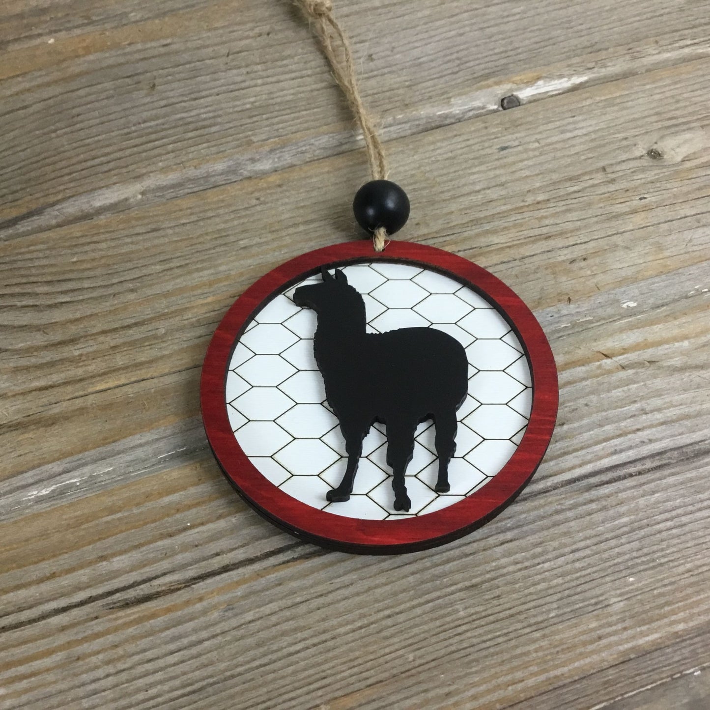 Llama Rustic Farm Christmas Ornament with Laser-Cut Chicken Wire Pattern