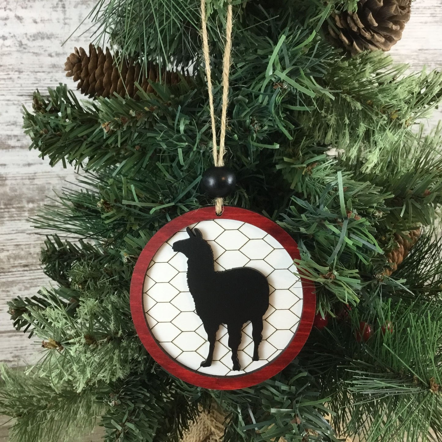 Llama Rustic Farm Christmas Ornament with Laser-Cut Chicken Wire Pattern