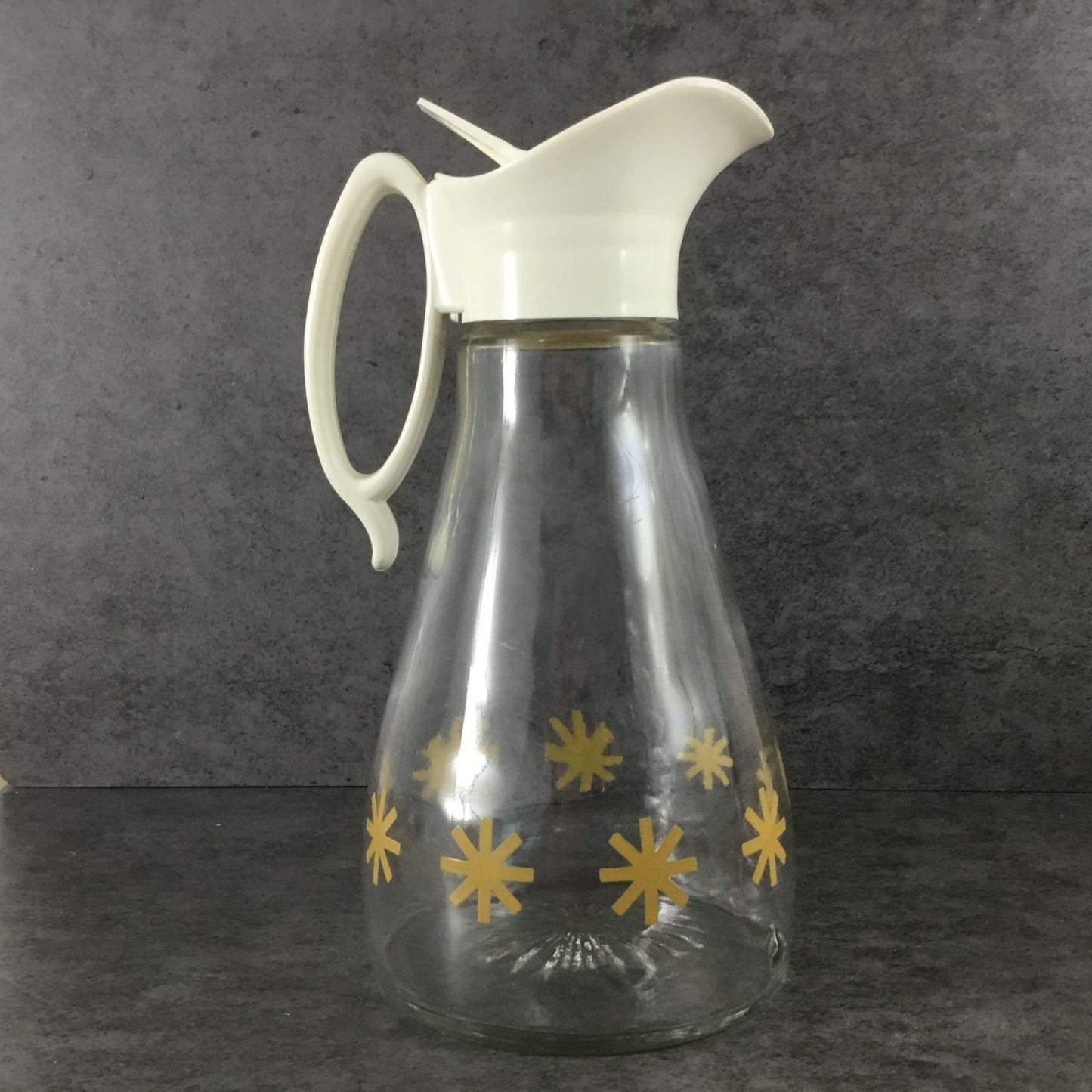 Vintage Log Cabin Syrup Dispenser Clear Glass Gold Atomic Starburst MCM