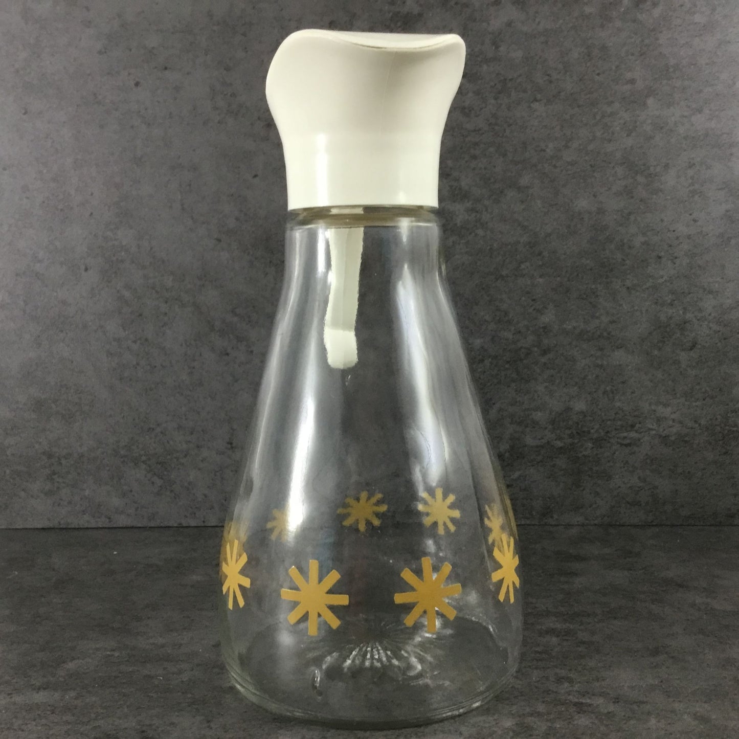 Vintage Log Cabin Syrup Dispenser Clear Glass Gold Atomic Starburst MCM