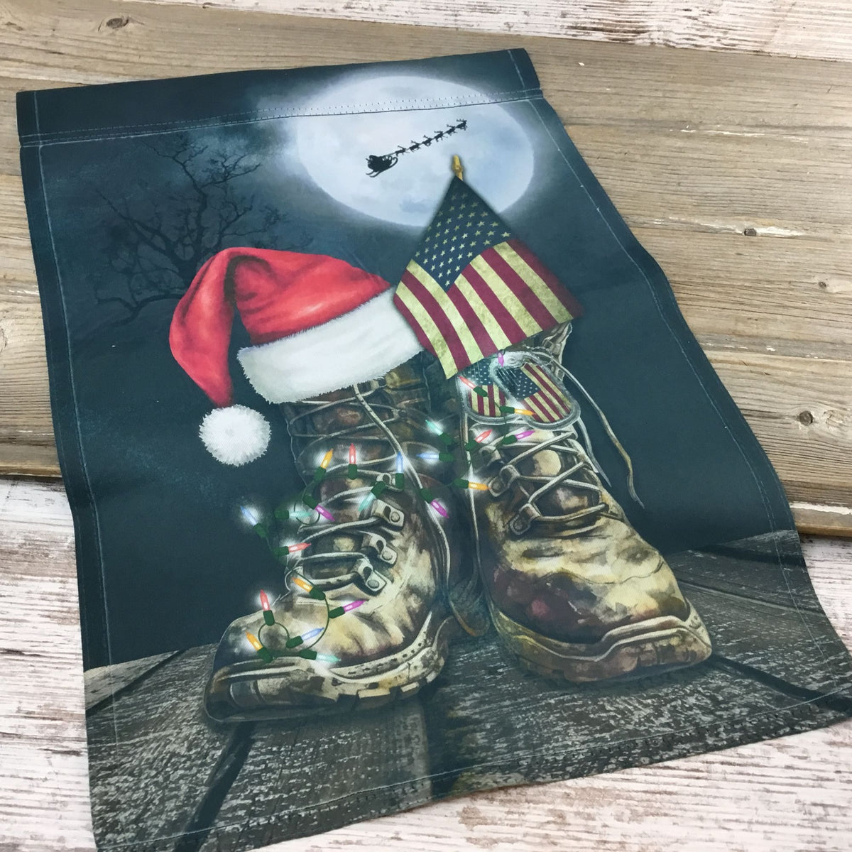 Christmas Military Boots Garden Flag - Honoring Heroes with Santa's Blessings