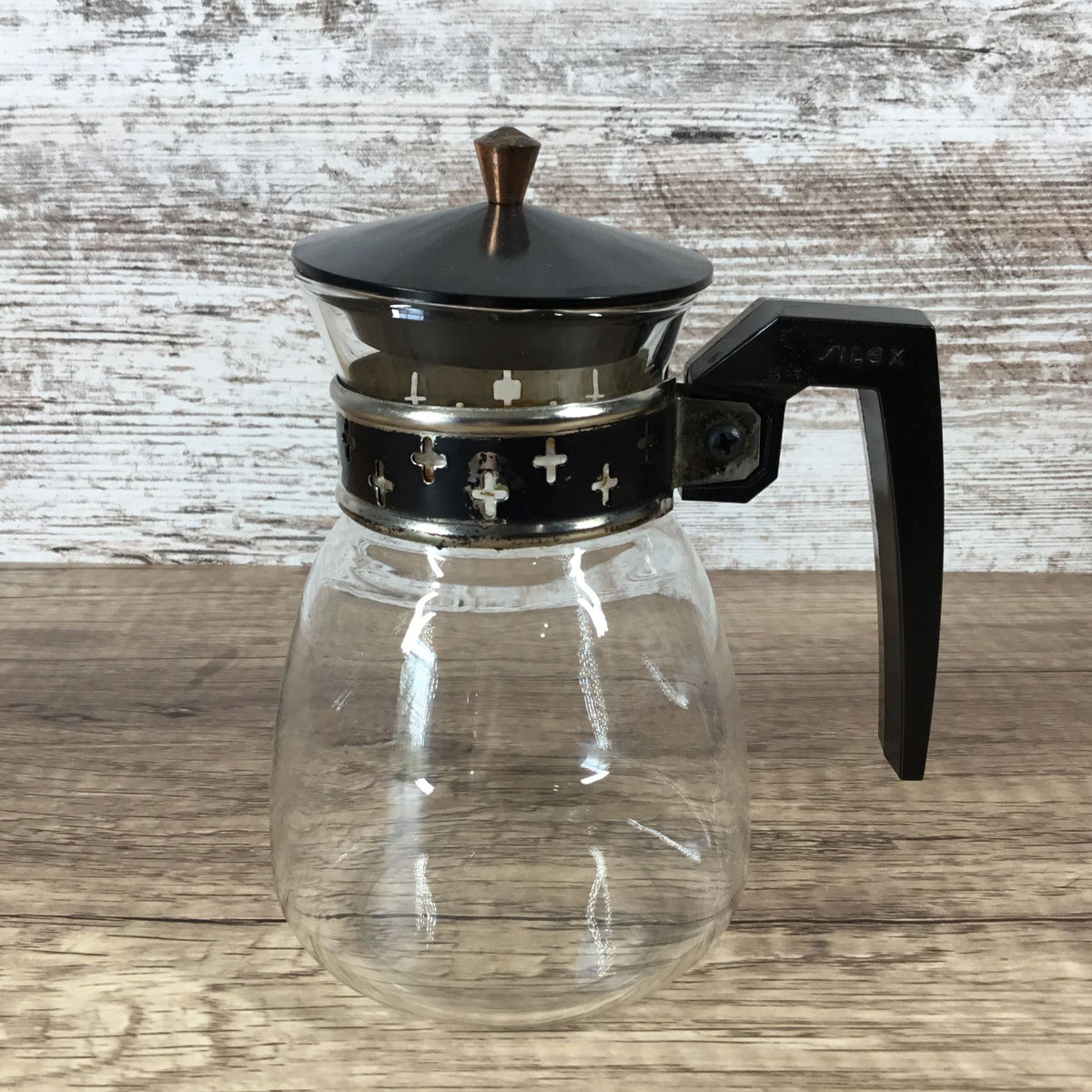 Vintage Silex Glass Coffee Carafe With Black & Metal Cross Banding