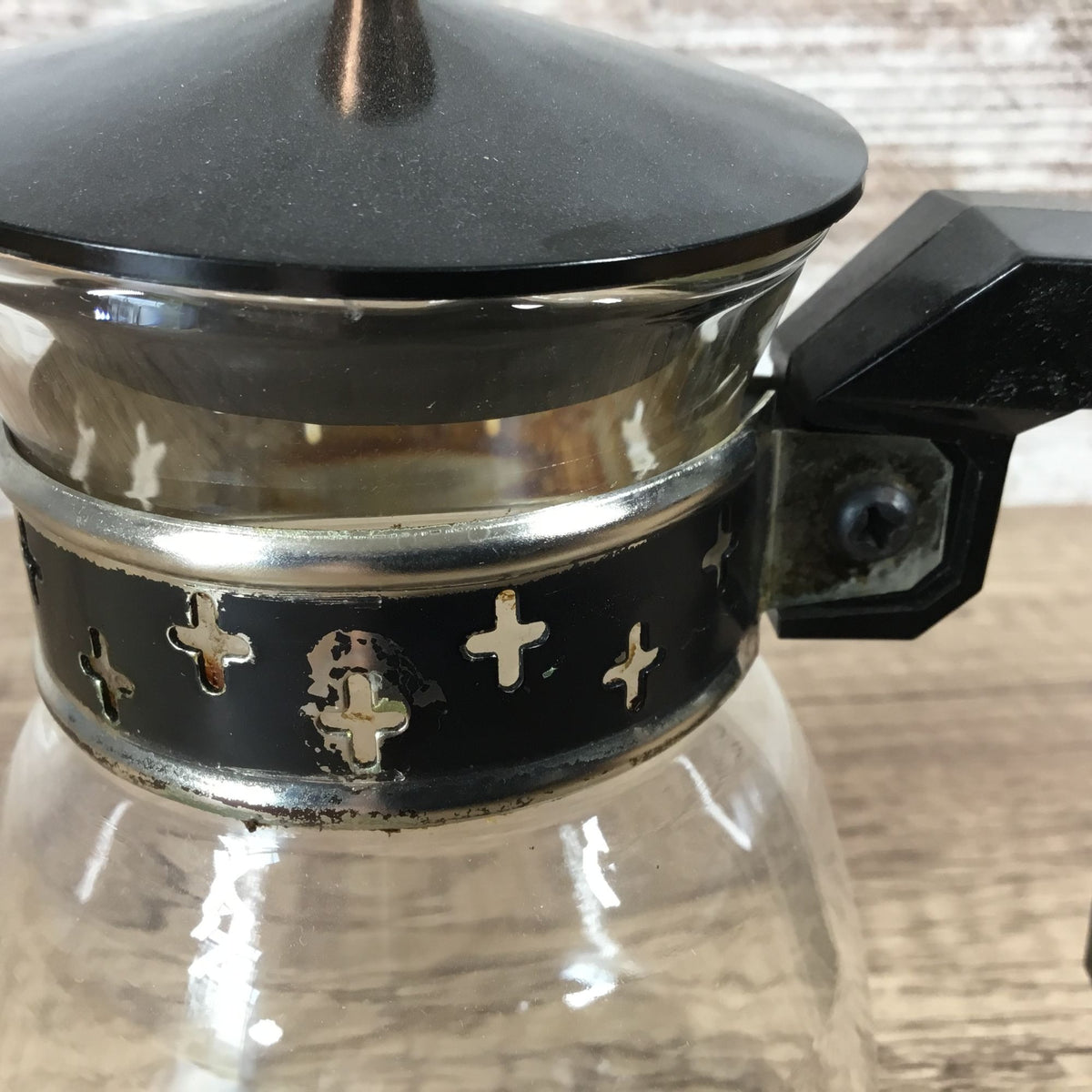Vintage Silex Glass Coffee Carafe With Black & Metal Cross Banding