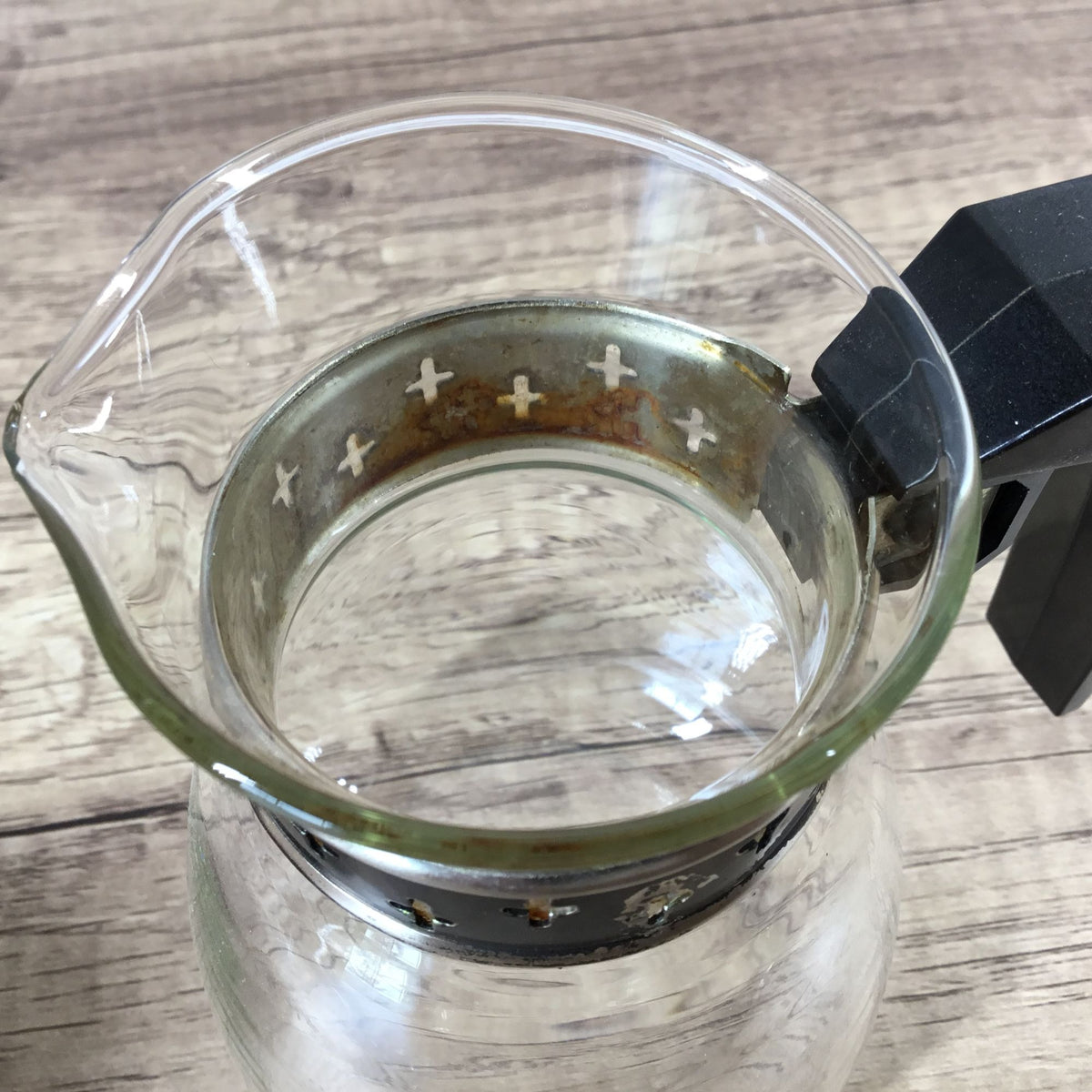Vintage Silex Glass Coffee Carafe With Black & Metal Cross Banding