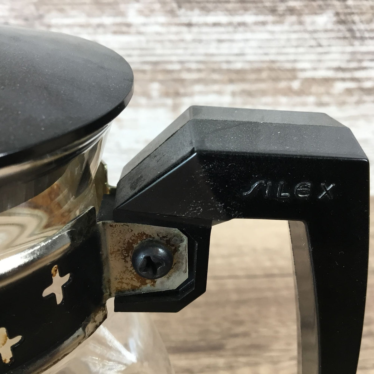 Vintage Silex Glass Coffee Carafe With Black & Metal Cross Banding