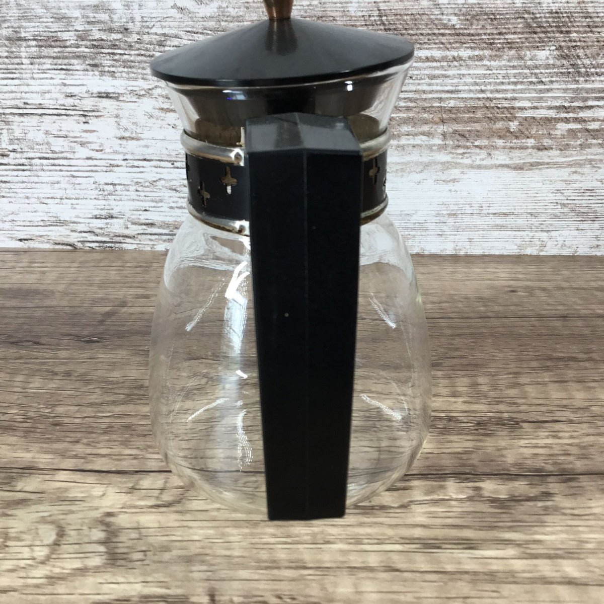 Vintage Silex Glass Coffee Carafe With Black & Metal Cross Banding