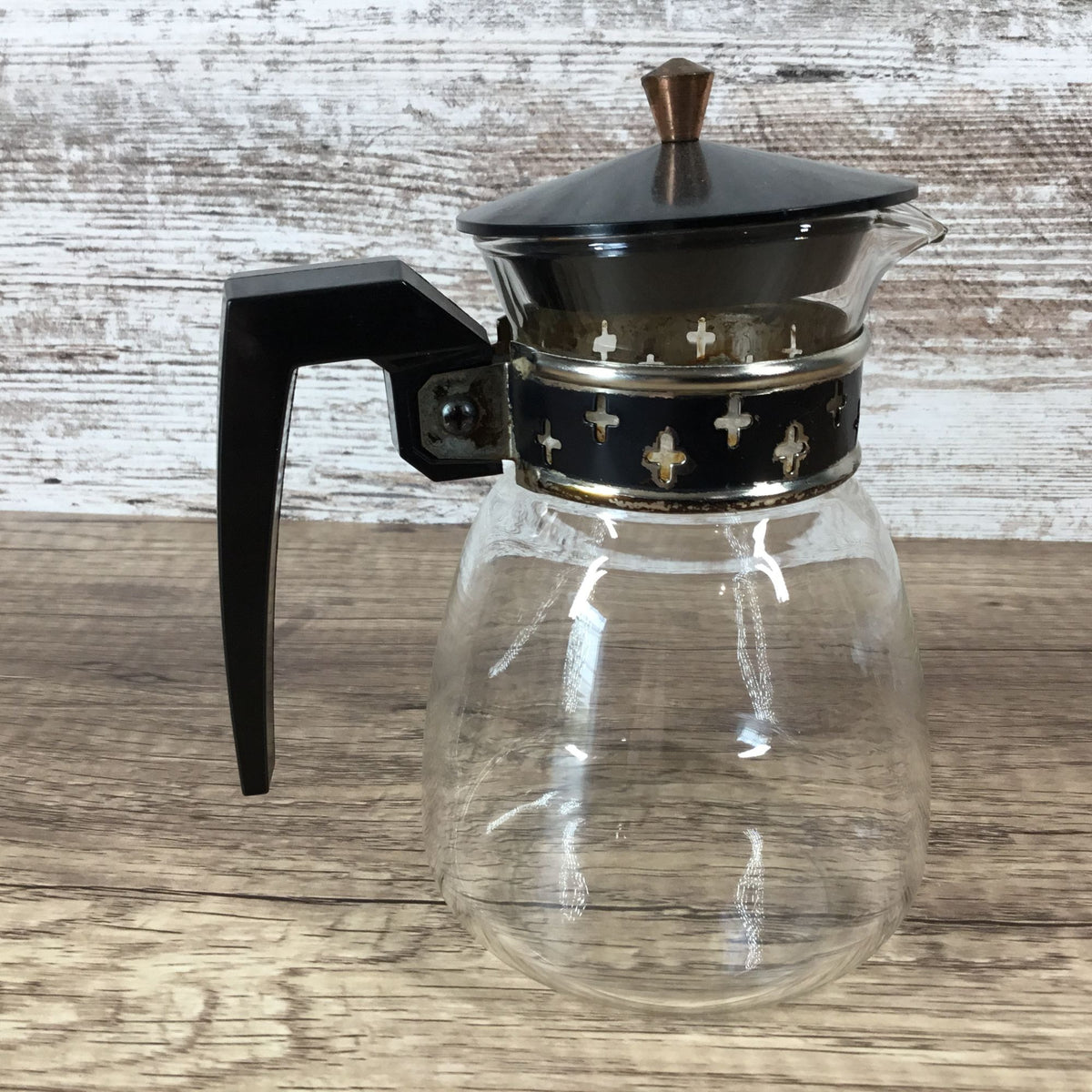 Vintage Silex Glass Coffee Carafe With Black & Metal Cross Banding