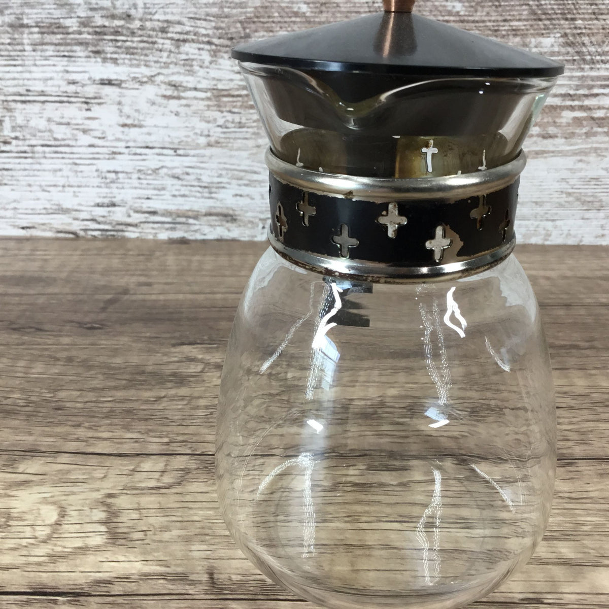 Vintage Silex Glass Coffee Carafe With Black & Metal Cross Banding