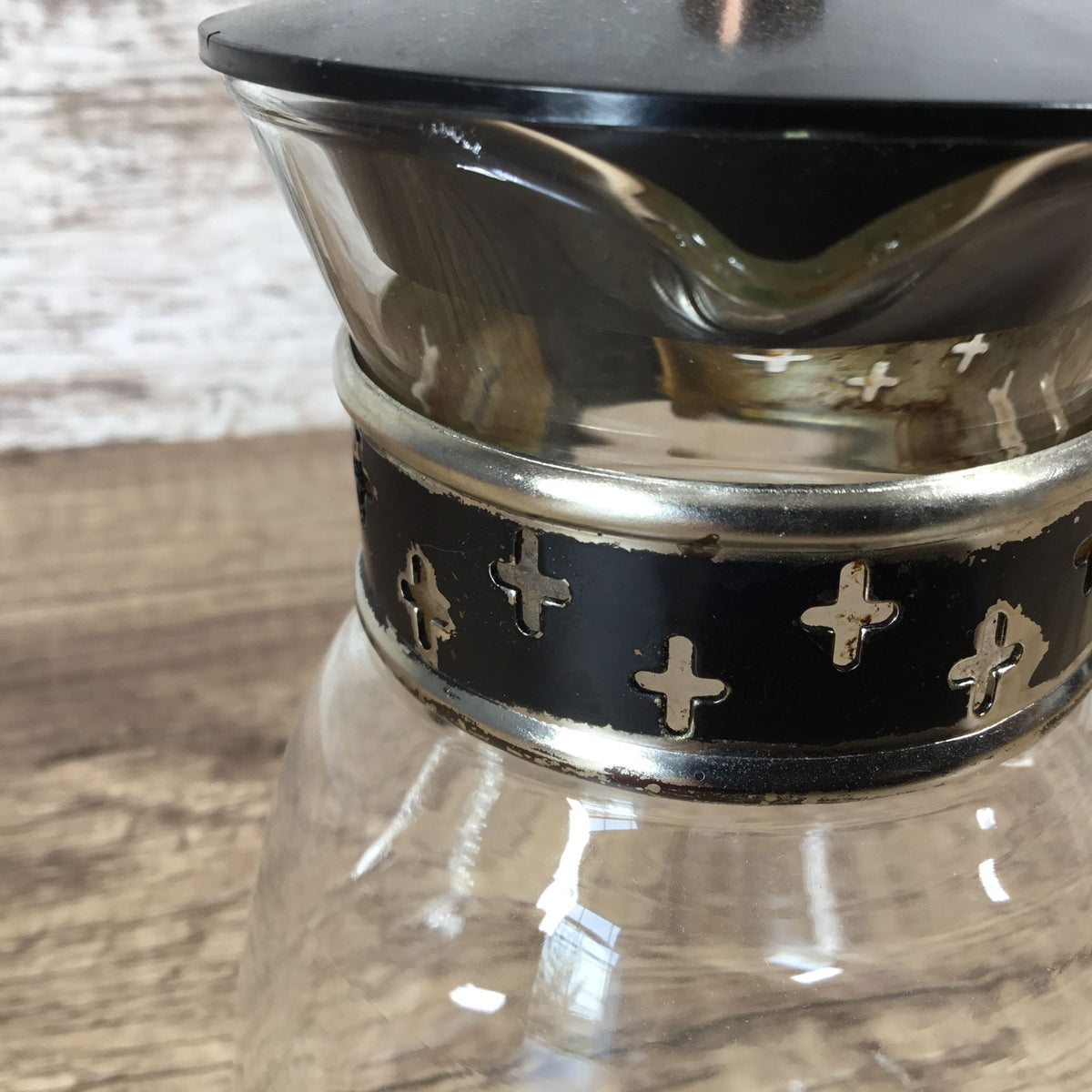 Vintage Silex Glass Coffee Carafe With Black & Metal Cross Banding