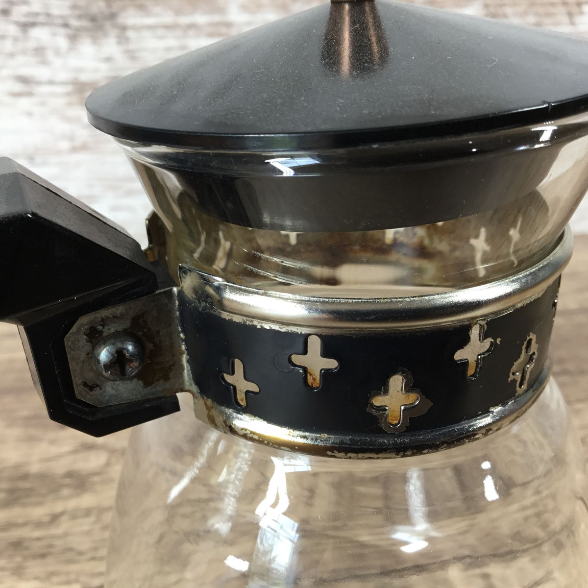 Vintage Silex Glass Coffee Carafe With Black & Metal Cross Banding